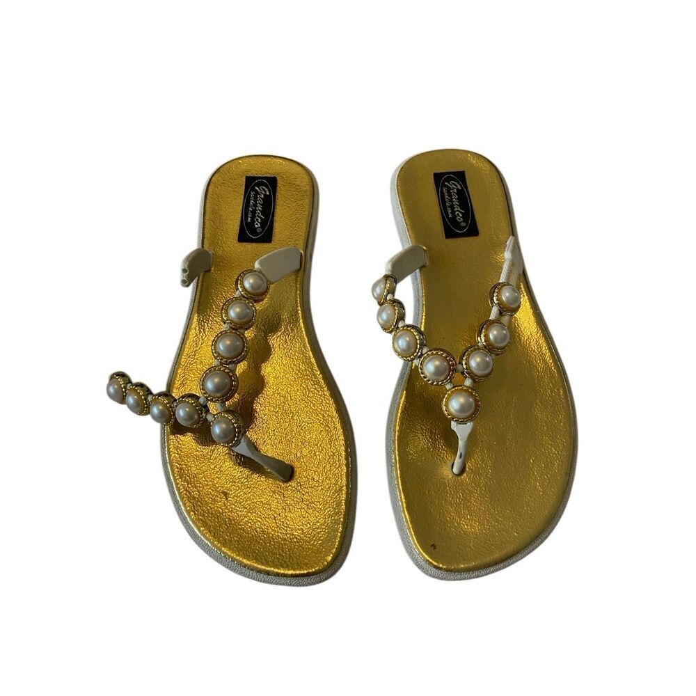 Grandco Gold Pearl Beaded Slide Sandals Womens 8 White Gold Flip Flops Embellish